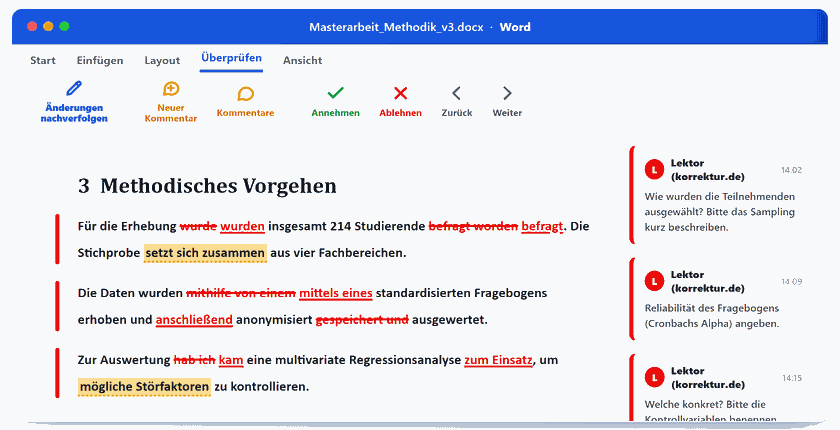 Word-Änderungsverfolgung: Korrekturen als annehmbare Änderungen mit Kommentaren am Rand