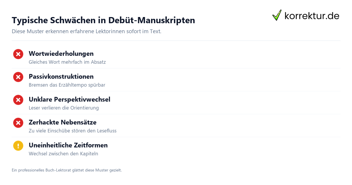 Typische Schwächen in Debüt-Manuskripten Typische Fehler im Manuskript vor Lektorat oder Korrektorat fürs Buch