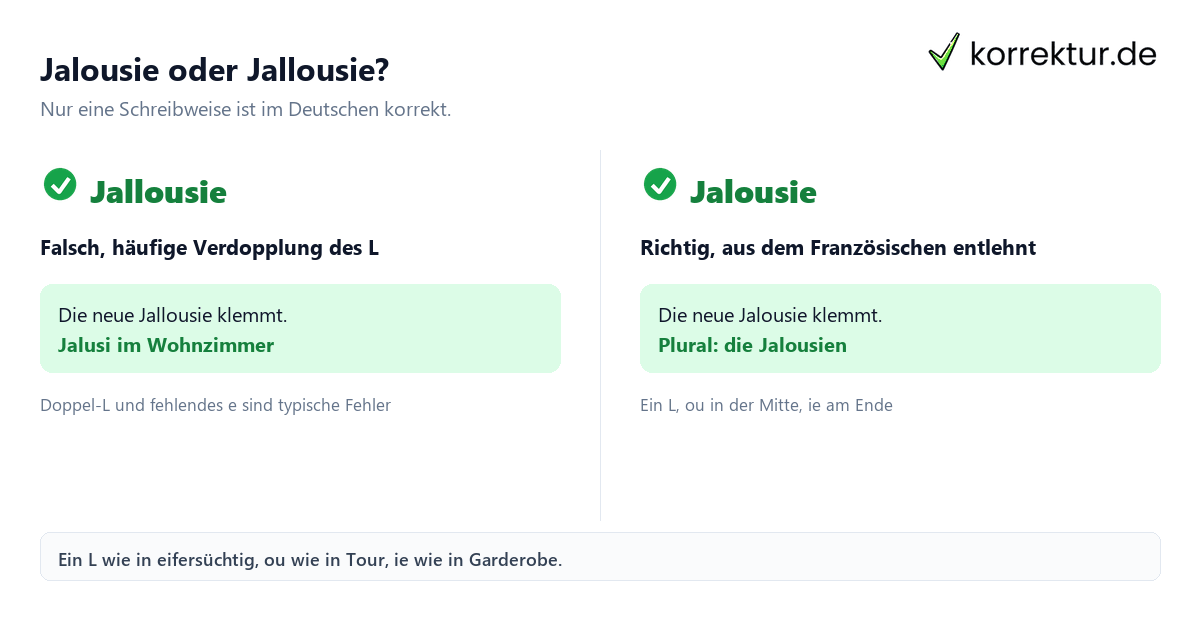 Jalousie oder Jallousie? Jalousie richtig schreiben, Vergleich falsch und richtig