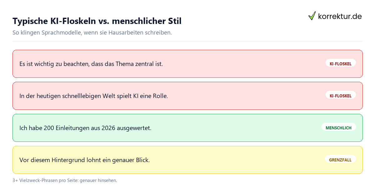 Typische KI-Floskeln vs. menschlicher Stil KI-Texte an Stilmerkmalen erkennen 2026: typische Floskeln im Vergleich