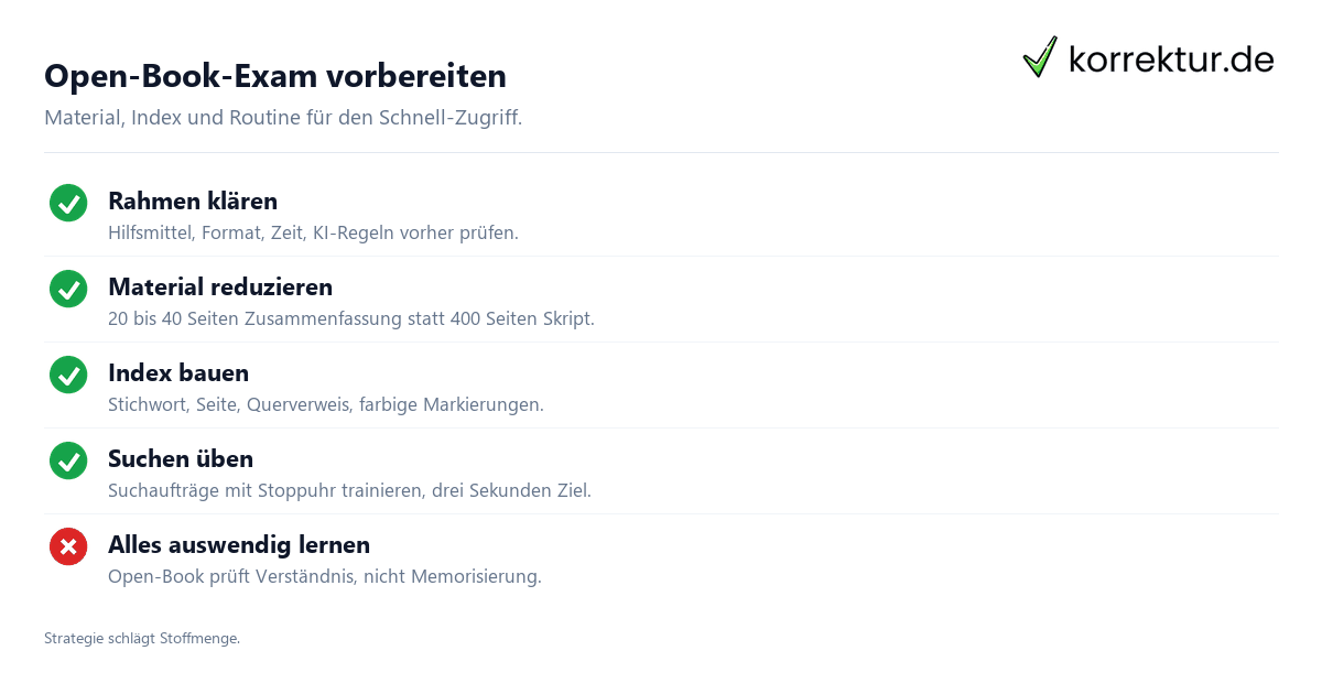 Open-Book-Exam Vorbereitung Checkliste mit Material und Index