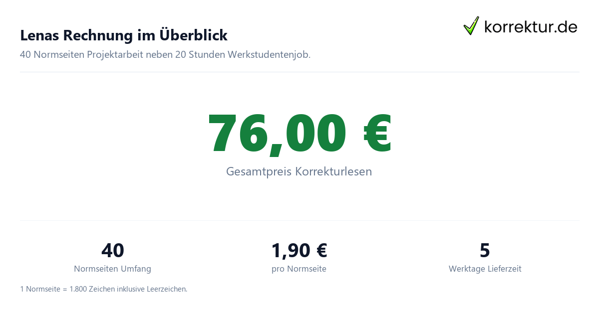 Lenas Rechnung im Überblick Projektarbeit korrigieren neben dem Werkstudentenjob Kosten und Umfang