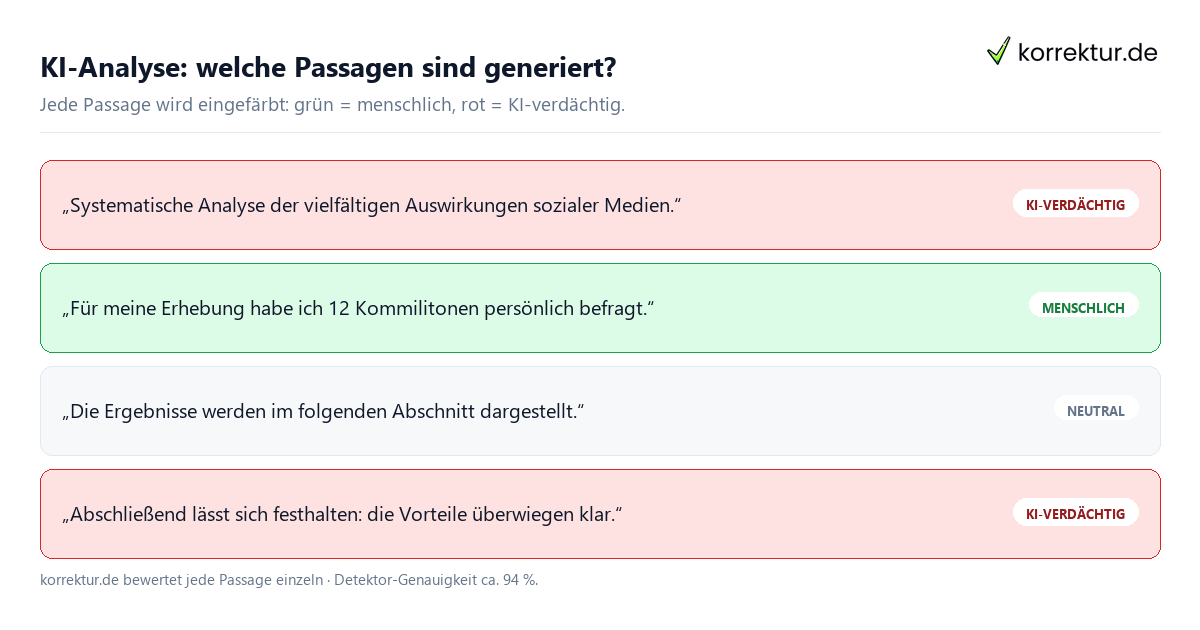 KI-Texte erkennen Merkmale KI-Texte erkennen: Passagen grün als menschlich und rot als KI-verdächtig markiert