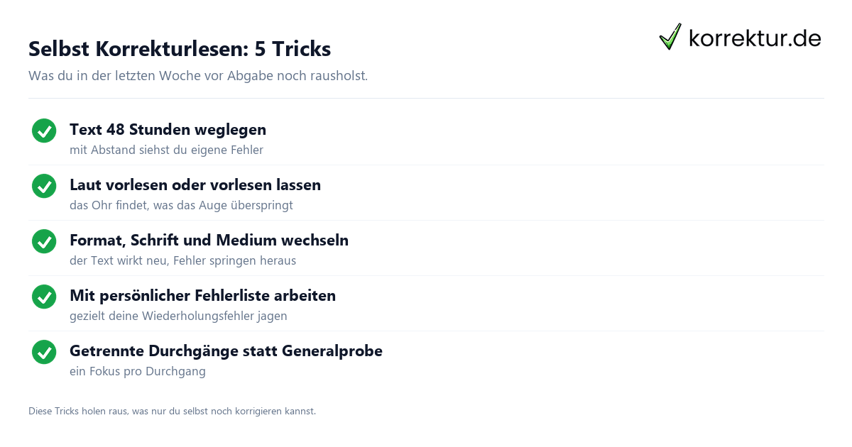 Selbst Korrekturlesen: 5 Tricks für die letzte Woche als Checkliste