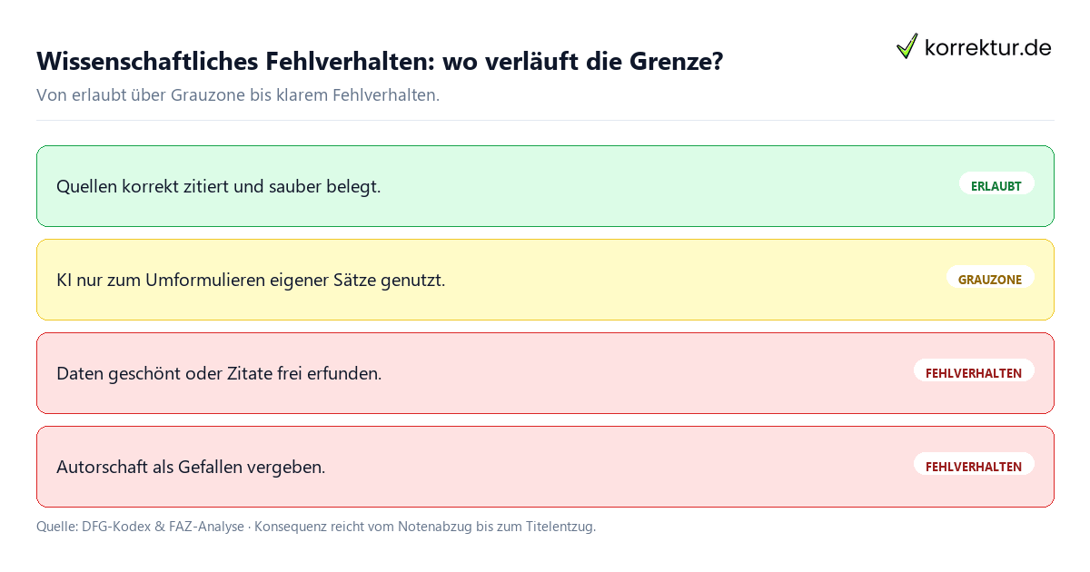 Wissenschaftliches Fehlverhalten: erlaubt, Grauzone und Fehlverhalten im Vergleich
