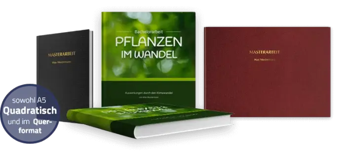 Gedruckte Bachelorarbeit mit Motivcover neben Masterarbeiten im Querformat