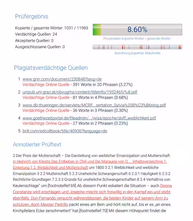 Plagiatsanalyse Bericht: Beispiel-Auswertung mit Treffer-Markierung und Analyse-Quellen