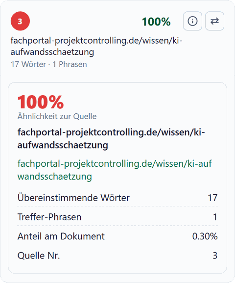 Akademische Integrität: Quellen-Detailkarte mit Ähnlichkeit und Wortzahl