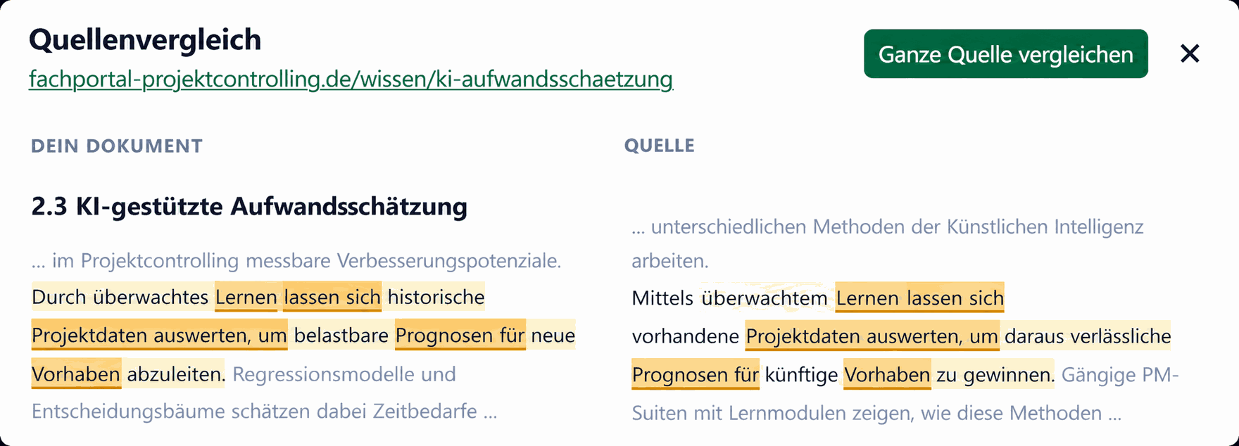 Plagiatsprüfung: Quellenvergleich, Dokument und Referenzquelle nebeneinander