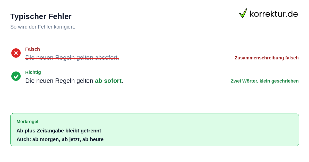 Typischer Fehler Rotstift-Korrektur: absofort falsch, ab sofort richtig