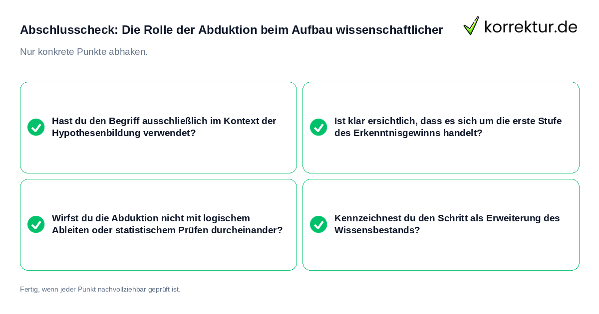 Konkreter Abschlusscheck zu Die Rolle der Abduktion beim Aufbau wissenschaftlicher