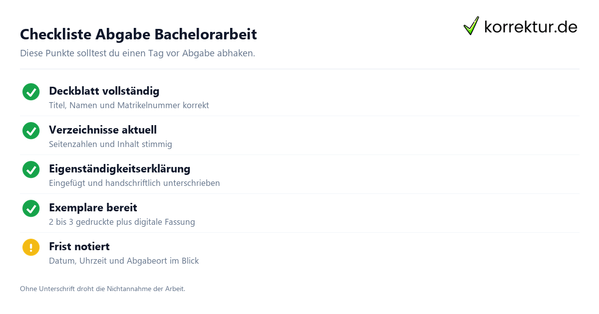 Checkliste Abgabe Bachelorarbeit Checkliste Abgabe Bachelorarbeit mit Formalia und Fristen