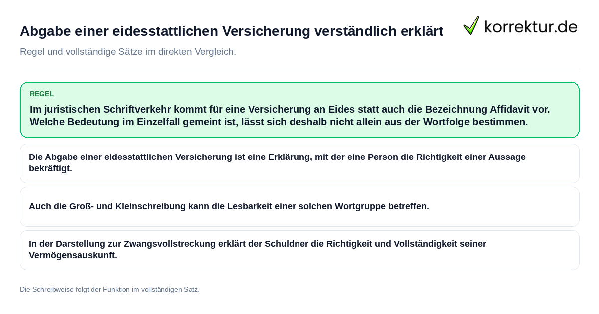 Abgabe einer eidesstattlichen Versicherung verständlich erklärt Konkrete Regel und vollständige Beispielsätze zu Abgabe einer eidesstattlichen Versicherung