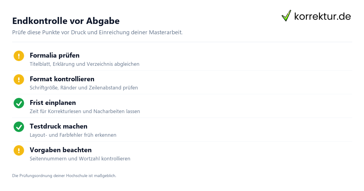 Endkontrolle vor Abgabe Checkliste zur Abgabe Masterarbeit mit formalen Vorgaben