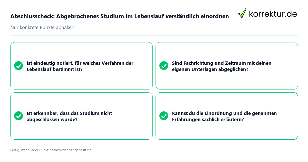 Konkreter Abschlusscheck zu Abgebrochenes Studium im Lebenslauf verständlich einordnen