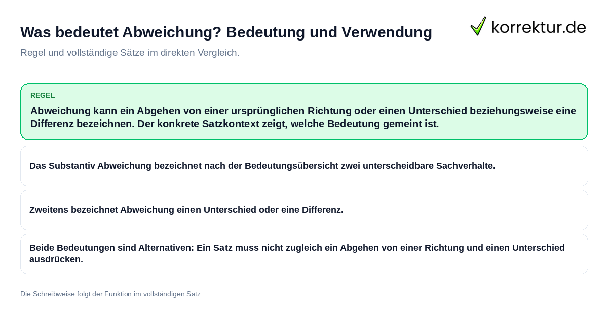 Konkrete Regel und vollständige Beispielsätze zu Was bedeutet Abweichung? Bedeutung und Verwendung