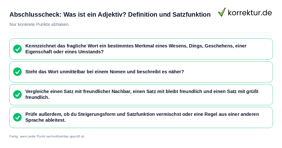 Konkreter Abschlusscheck zu Was ist ein Adjektiv? Definition und Satzfunktion