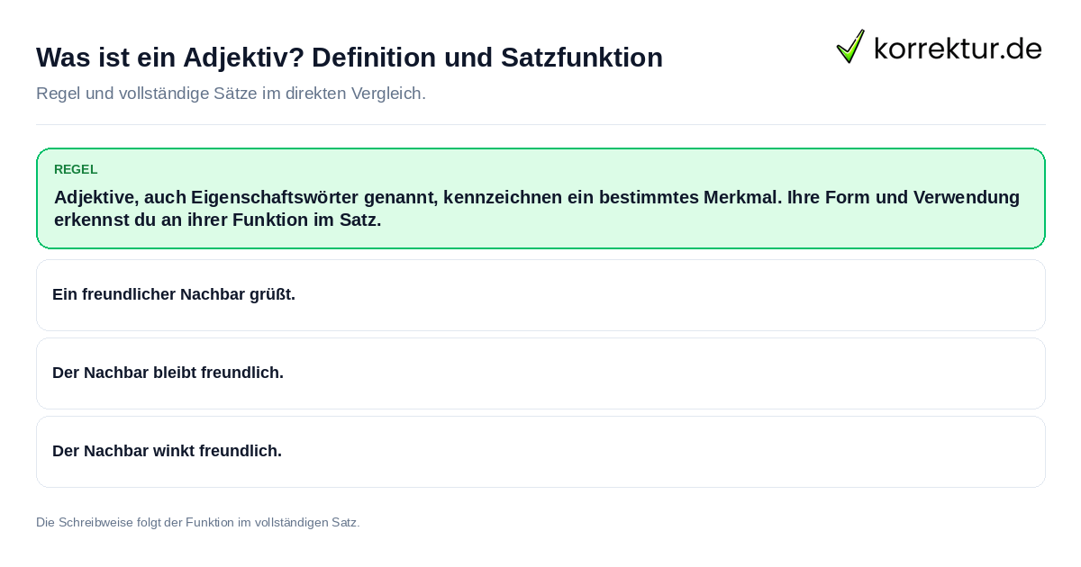 Konkrete Regel und vollständige Beispielsätze zu Was ist ein Adjektiv? Definition und Satzfunktion