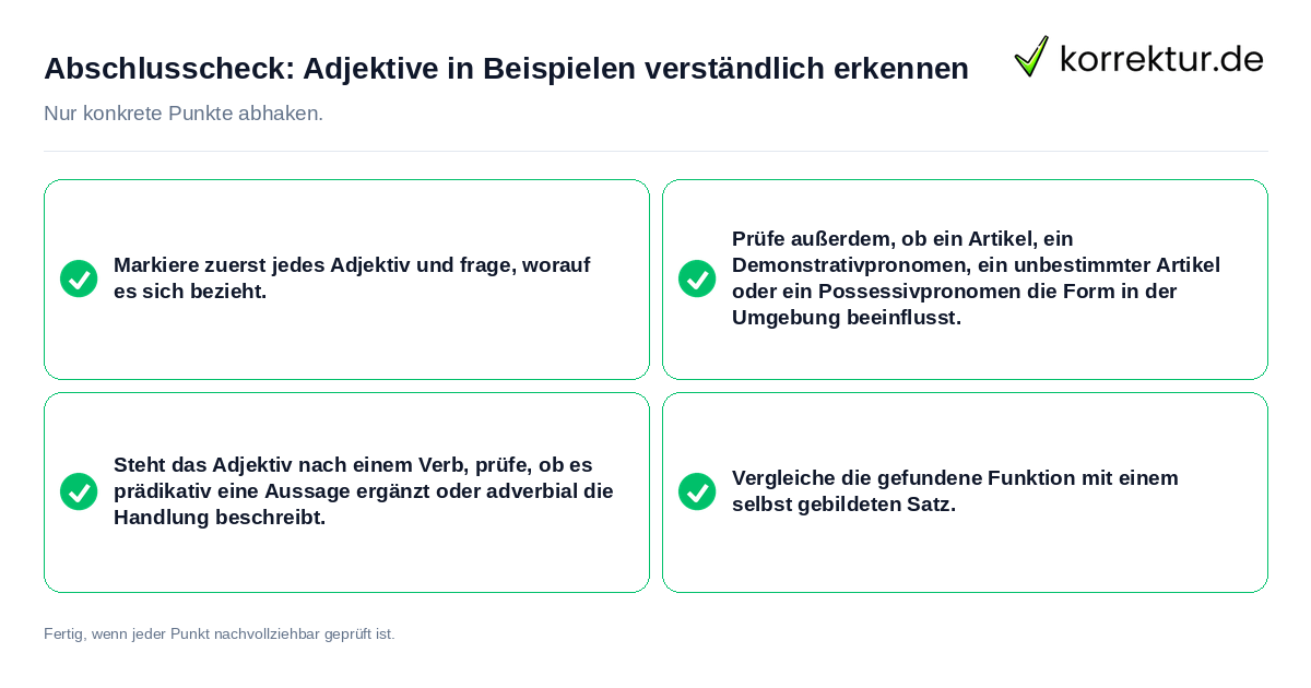 Konkreter Abschlusscheck zu Adjektive in Beispielen verständlich erkennen