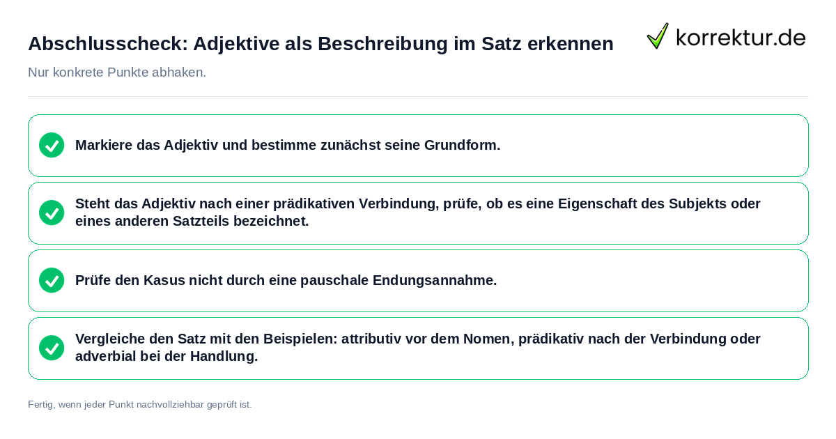 Konkreter Abschlusscheck zu Adjektive als Beschreibung im Satz erkennen