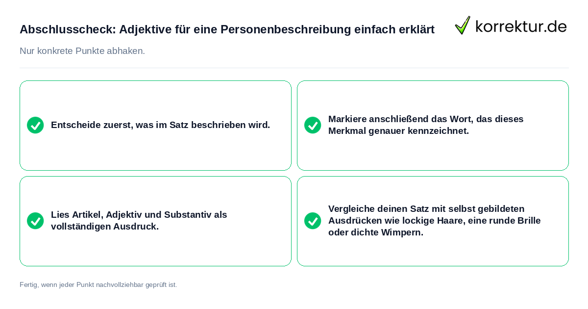 Konkreter Abschlusscheck zu Adjektive für eine Personenbeschreibung einfach erklärt