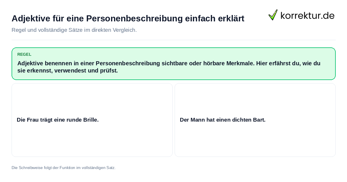Konkrete Regel und vollständige Beispielsätze zu Adjektive für eine Personenbeschreibung einfach