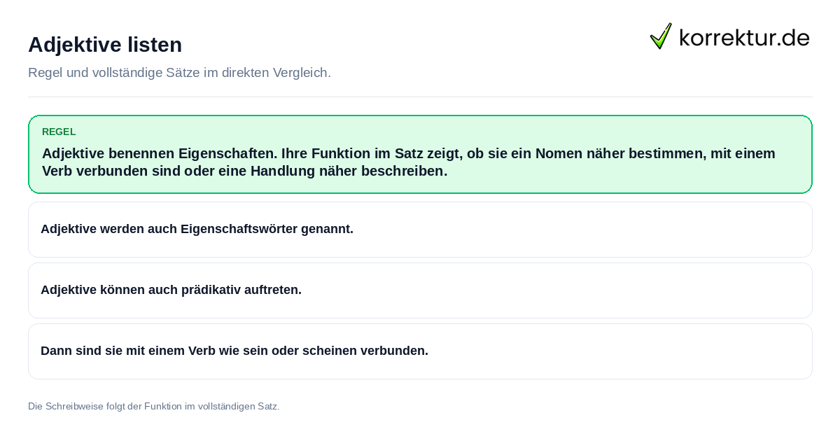 Adjektive listen Konkrete Regel und vollständige Beispielsätze zu Adjektive listen