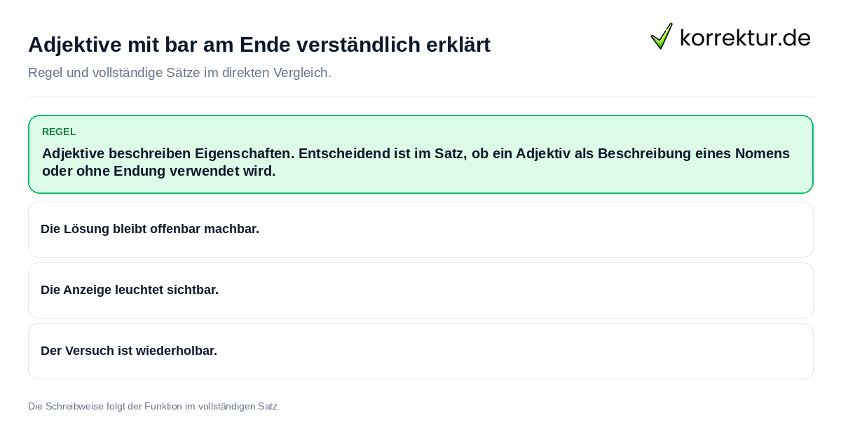 Adjektive mit bar am Ende verständlich erklärt Konkrete Regel und vollständige Beispielsätze zu Adjektive mit bar am Ende verständlich erklärt