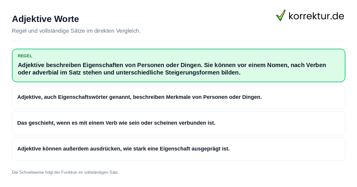 Konkrete Regel und vollständige Beispielsätze zu Adjektive Worte