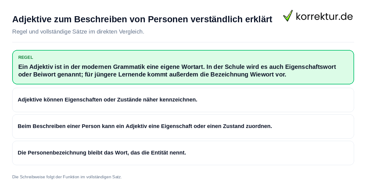Konkrete Regel und vollständige Beispielsätze zu Adjektive zum Beschreiben von Personen