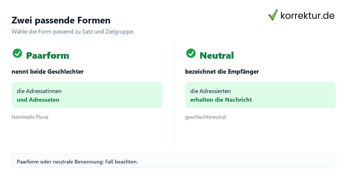 Adressat und Adressatin passend gendern mit Paarform und neutraler Benennung