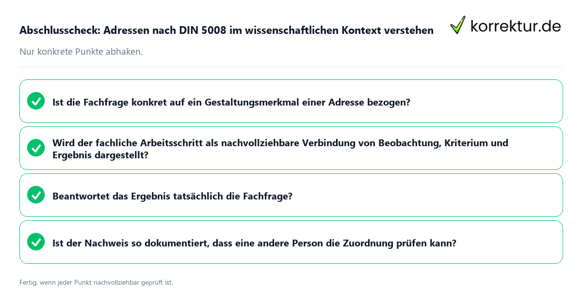 Abschlusscheck: Adressen nach DIN 5008 im wissenschaftlichen Kontext verstehen Konkreter Abschlusscheck zu Adressen nach DIN 5008 im wissenschaftlichen Kontext verstehen