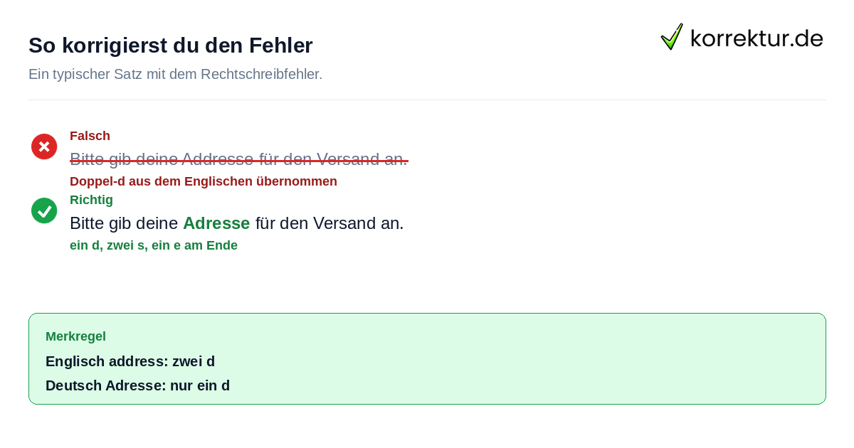 So korrigierst du den Fehler Rotstift Korrektur: Adresse statt Addresse richtig schreiben