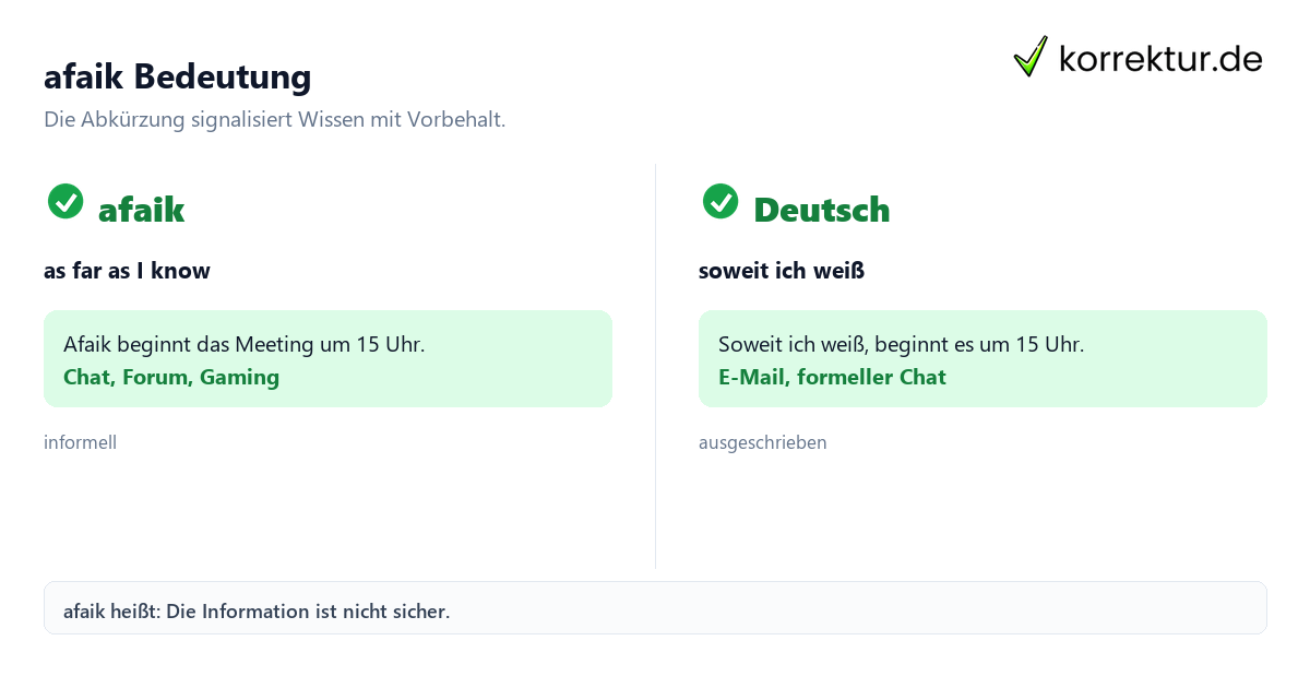 afaik Bedeutung afaik Bedeutung: Englische Langform und deutsche Übersetzung