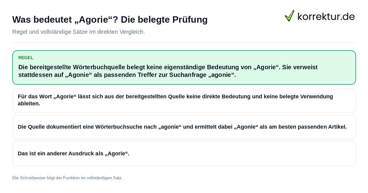 Konkrete Regel und vollständige Beispielsätze zu Was bedeutet „Agorie“? Die belegte Prüfung