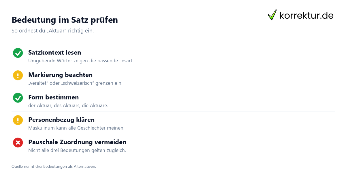 Bedeutung im Satz prüfen Aktuar Bedeutung und Verwendung prüfen