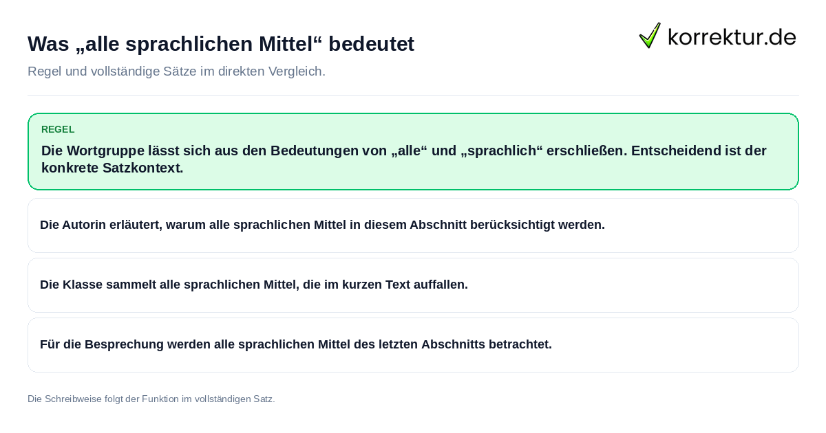 Konkrete Regel und vollständige Beispielsätze zu Was „alle sprachlichen Mittel“ bedeutet