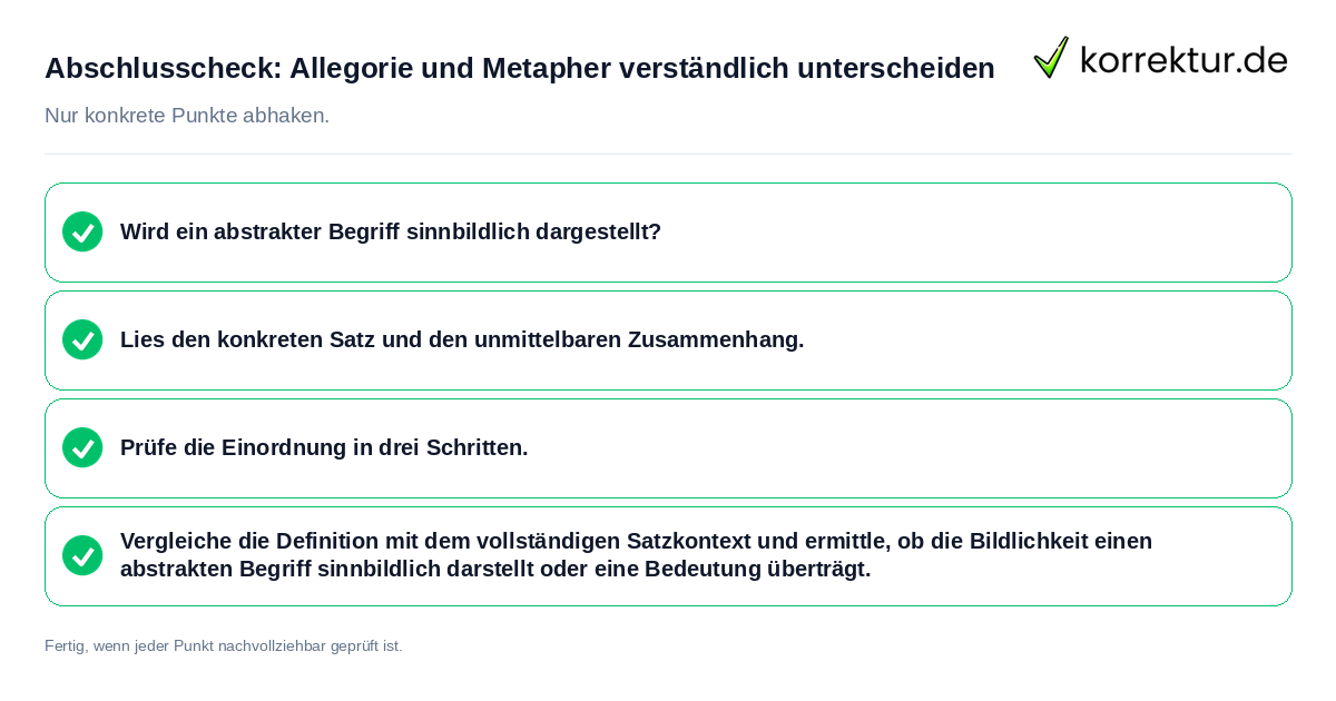 Abschlusscheck: Allegorie und Metapher verständlich unterscheiden Konkreter Abschlusscheck zu Allegorie und Metapher verständlich unterscheiden