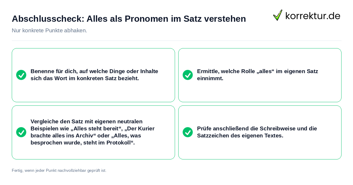 Konkreter Abschlusscheck zu Alles als Pronomen im Satz verstehen