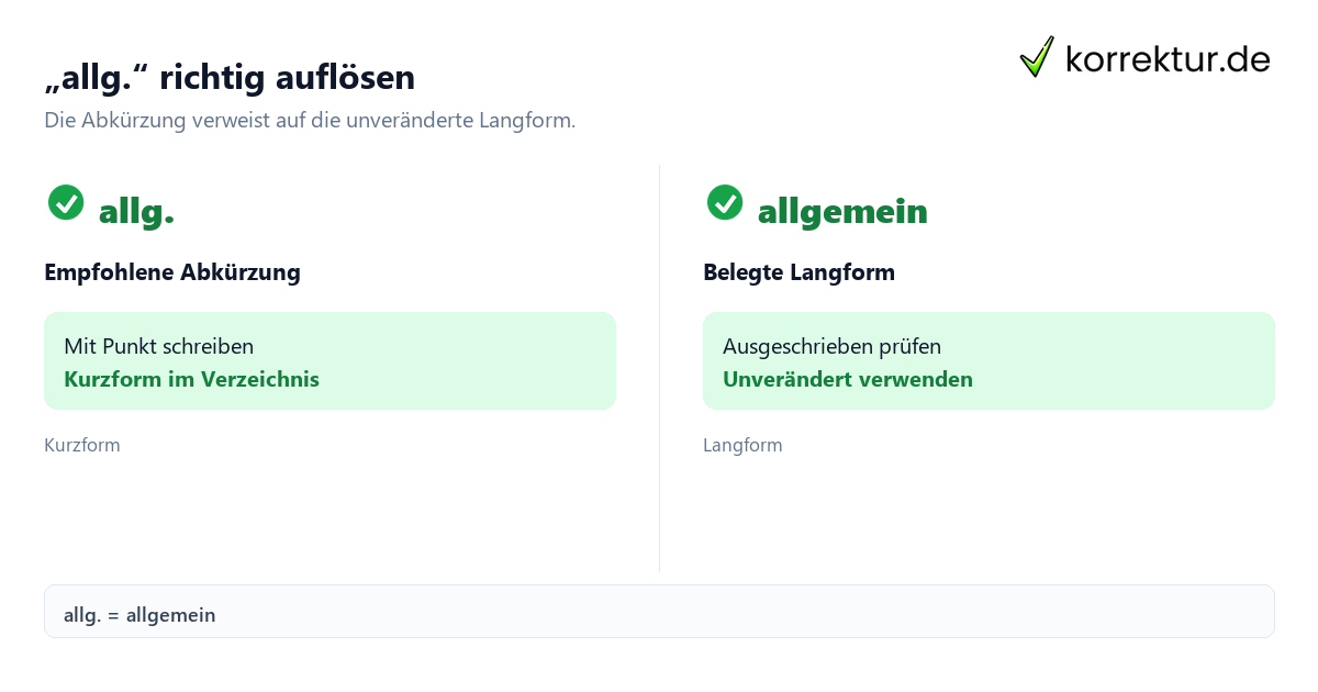 „allg.“ richtig auflösen Was bedeutet die Abkürzung „allg.“? Kurzform und Langform im Vergleich