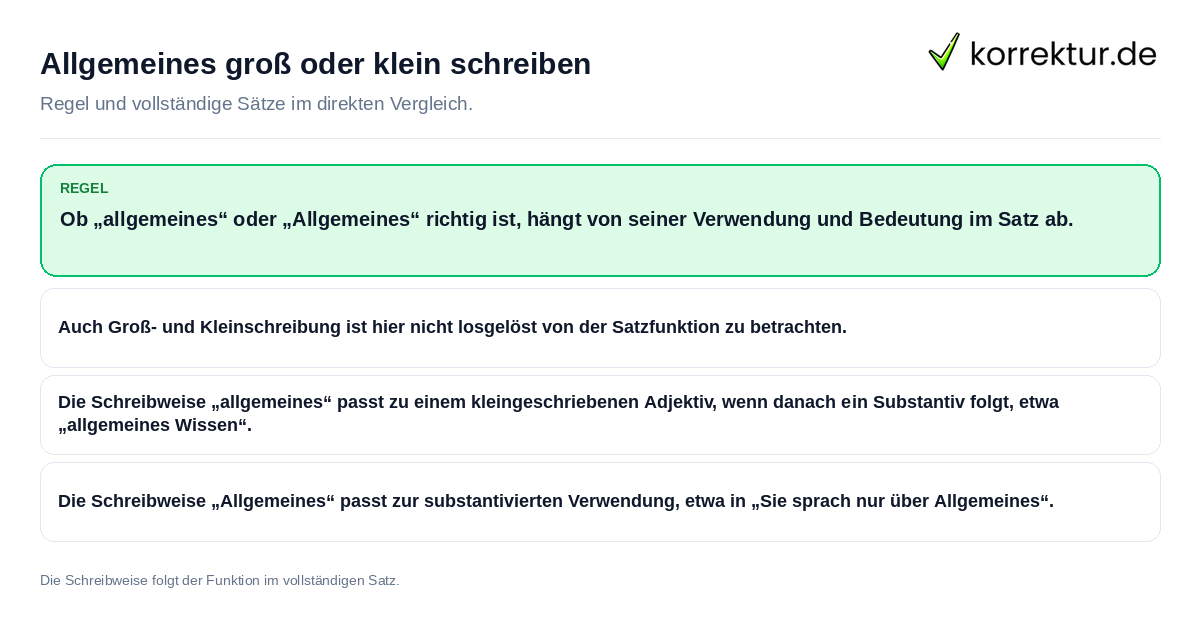 Konkrete Regel und vollständige Beispielsätze zu Allgemeines groß oder klein schreiben
