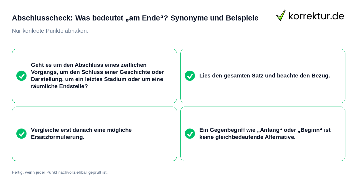 Konkreter Abschlusscheck zu Was bedeutet „am Ende“? Synonyme und Beispiele