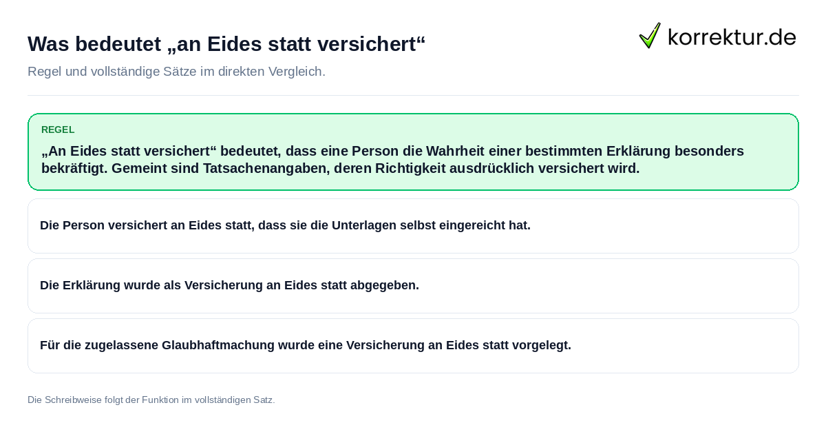 Was bedeutet „an Eides statt versichert“ Konkrete Regel und vollständige Beispielsätze zu Was bedeutet „an Eides statt versichert“