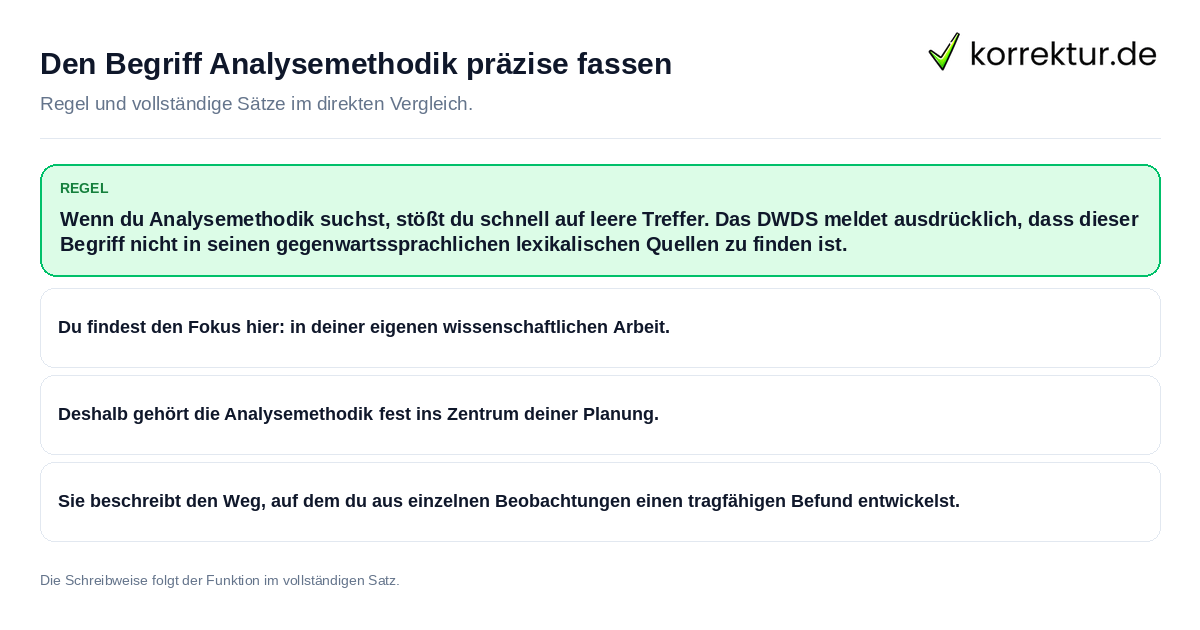 Konkrete Regel und vollständige Beispielsätze zu Den Begriff Analysemethodik präzise fassen