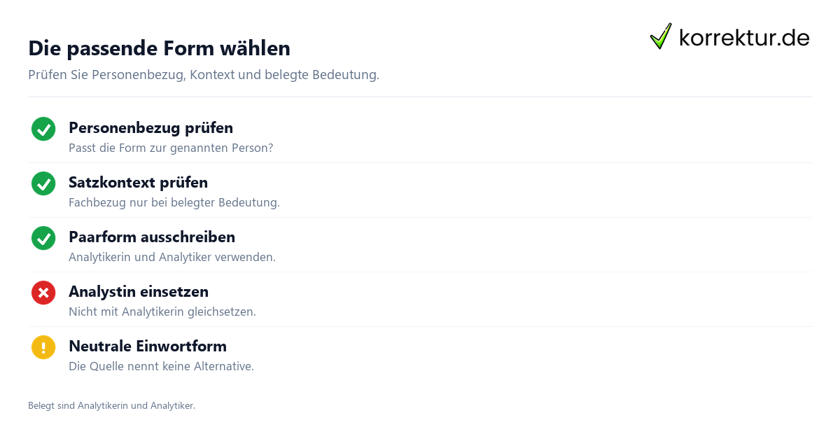 Die passende Form wählen Analytiker und Analytikerin passend verwenden, Prüfliste