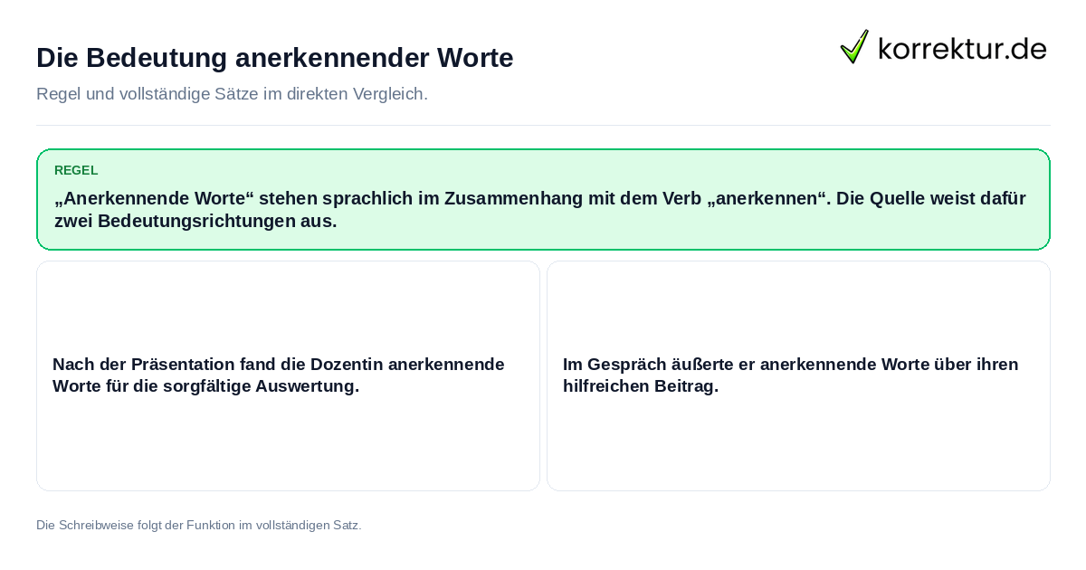 Konkrete Regel und vollständige Beispielsätze zu Die Bedeutung anerkennender Worte