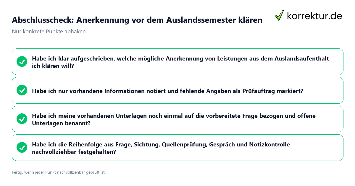 Konkreter Abschlusscheck zu Anerkennung vor dem Auslandssemester klären