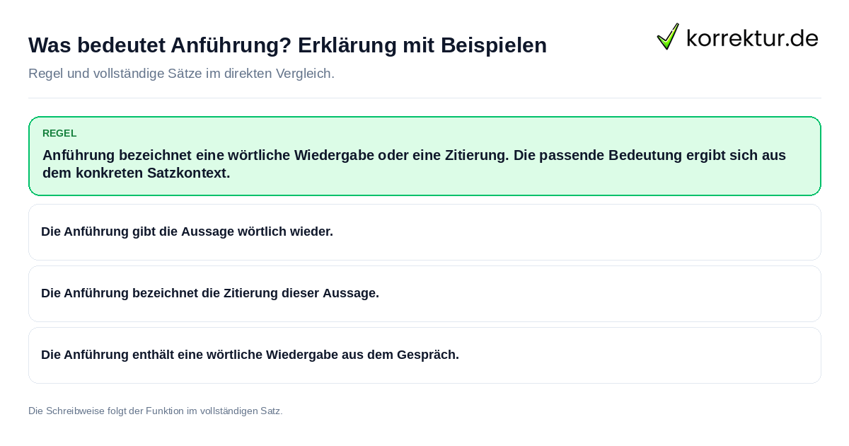 Konkrete Regel und vollständige Beispielsätze zu Was bedeutet Anführung? Erklärung mit Beispielen