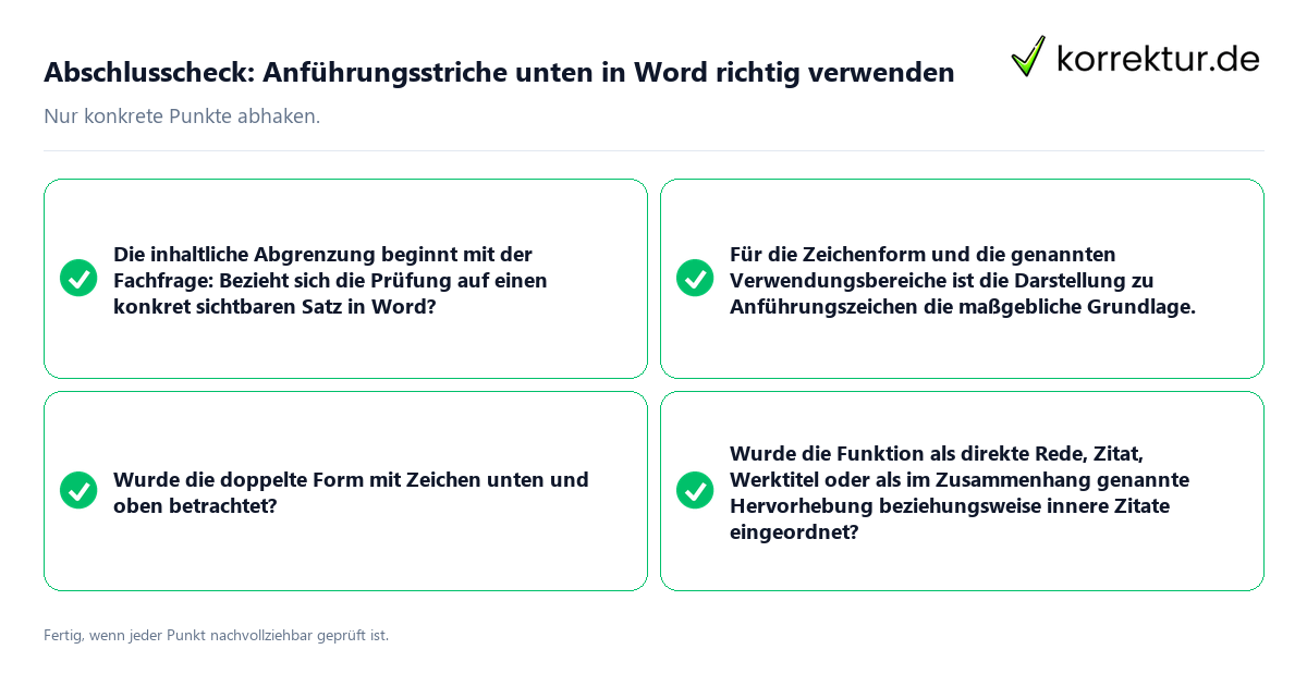 Konkreter Abschlusscheck zu Anführungsstriche unten in Word richtig verwenden