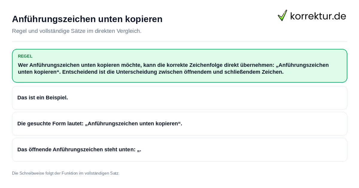 Konkrete Regel und vollständige Beispielsätze zu Anführungszeichen unten kopieren